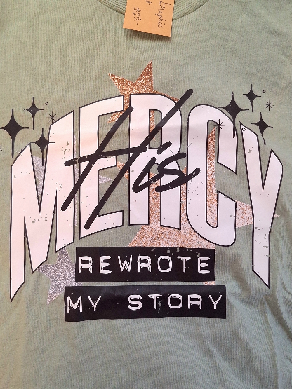 NWT Graphic "Mercy" Tee in Sage Green with Glitter Stars Size Small